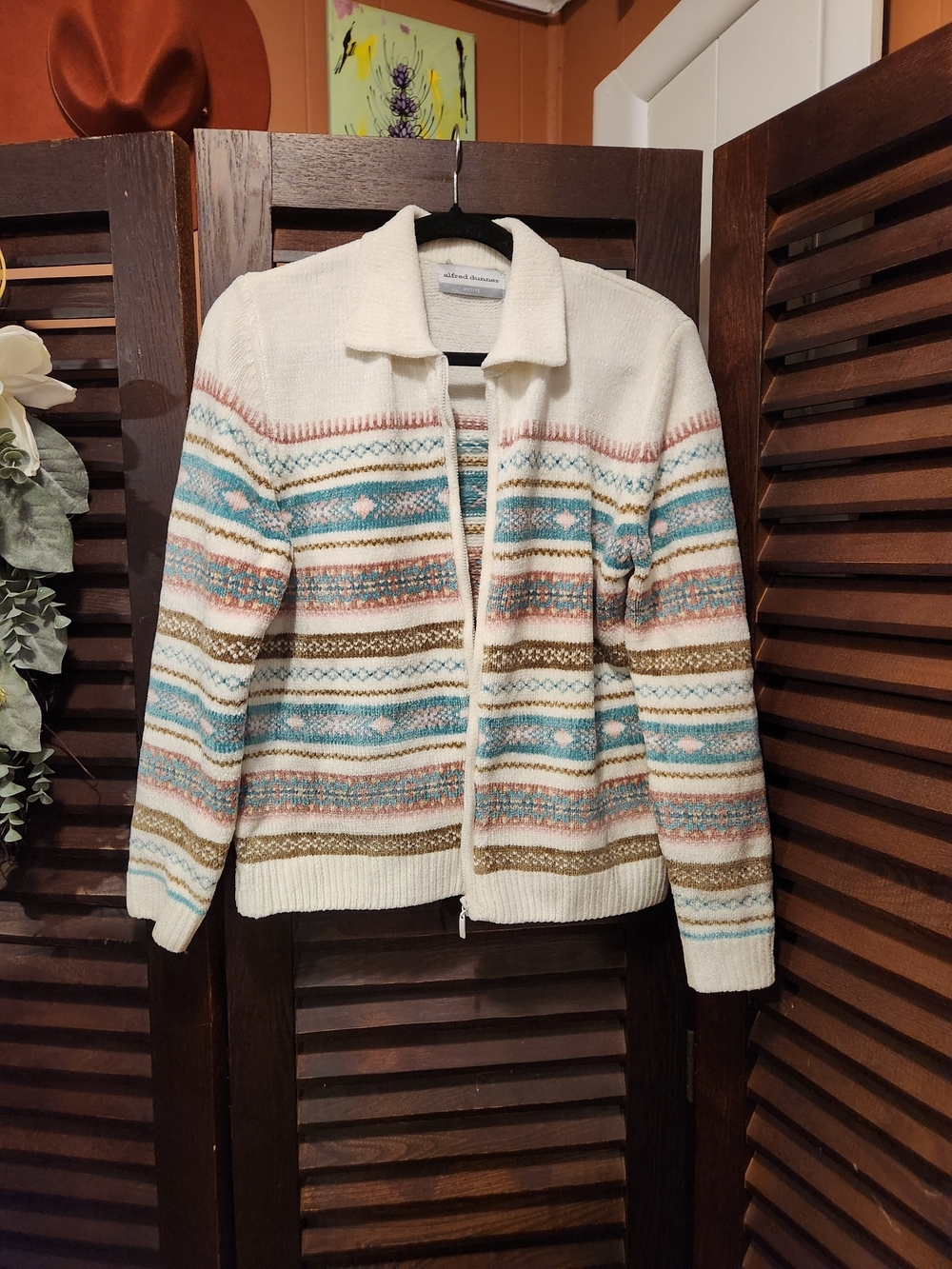 Alfred Dunner Cream Zip-Front Cardigan with Blue, Pink, and Brown Stripes